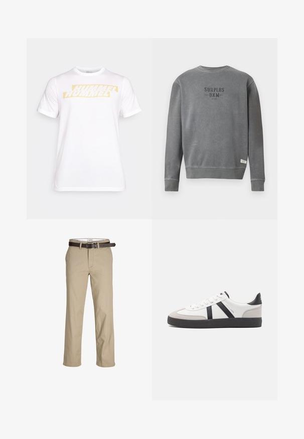 Grijze lange mouwen crewneck sweatshirt met "SURPLUS DNM" tekst in zwart gedrukt op de borst en een klein wit label nabij de zoom.; Witte katoenen t-shirt met korte mouwen, voorzien van een gele logo "HUMMEL" in een vette, vervormde lettertype over de borst.; Beige katoenen broek met een rechte snit, voorzien van riemlussen, een bruine leren riem en een klassiek ontwerp. Soepele, stevige textuur.; Witte sneaker met zwarte en grijze accenten, voorzien van een grijze neus met textuur, zwarte rubberen zool en platte witte veters. Schoon ontwerp, minimalistische stijl.
