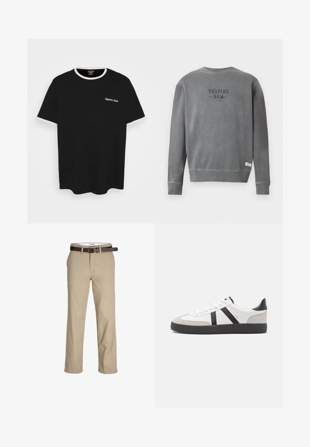 Grey long-sleeve crewneck sweatshirt with "SURPLUS DNM" text printed in black on the chest and a small white label near the hem.; Black cotton t-shirt featuring a cream ribbed neckline and sleeve cuffs. The shirt includes white embroidered text on the chest.; Beige cotton trousers with a straight cut, featuring belt loops, a brown leather belt, and a classic design. Smooth, sturdy texture.; White sneaker with black and gray accents, featuring a textured gray toe cap, black rubber sole, and flat white laces. Clean design, minimalist style.
