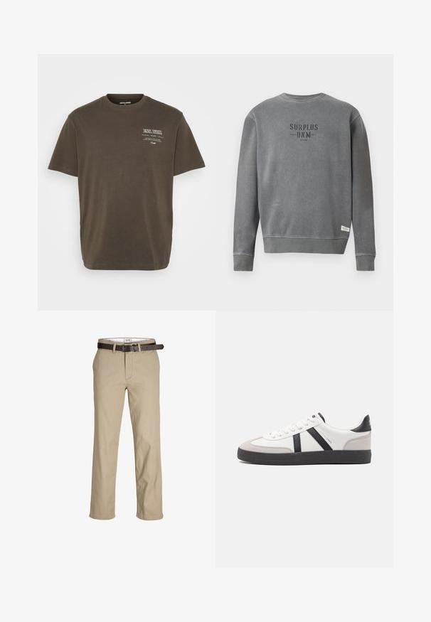 Sivi dukserica dugih rukava s okruglim izrezom s natpisom "SURPLUS DNM" ispisanim crnom bojom na prsima i malom bijelom etiketom blizu rubnog dijela.; Smeđi majica kratkih rukava od pamuka, s okruglim izrezom i malim bijelim grafičkim printom s lijeve strane.; Bež pamučne hlače ravnog kroja, s petljama za remen, smeškim kožnim remenom i klasičnim dizajnom. Glatka, čvrsta tekstura.; Bijele tenisice s crnim i sivim detaljima, s teksturiranim sivim zaštitnikom prstiju, crnim gumene potplate i ravnim bijelim vezicama. Čist dizajn, minimalistički stil.