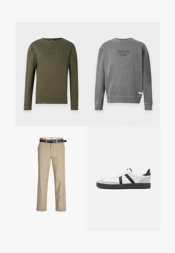 Grey long-sleeve crewneck sweatshirt with "SURPLUS DNM" text printed in black on the chest and a small white label near the hem.; Long-sleeve olive green henley shirt with a crew neck, three buttons at the collar, and a textured fabric finish.; Beige cotton trousers with a straight cut, featuring belt loops, a brown leather belt, and a classic design. Smooth, sturdy texture.; White sneaker with black and gray accents, featuring a textured gray toe cap, black rubber sole, and flat white laces. Clean design, minimalist style.