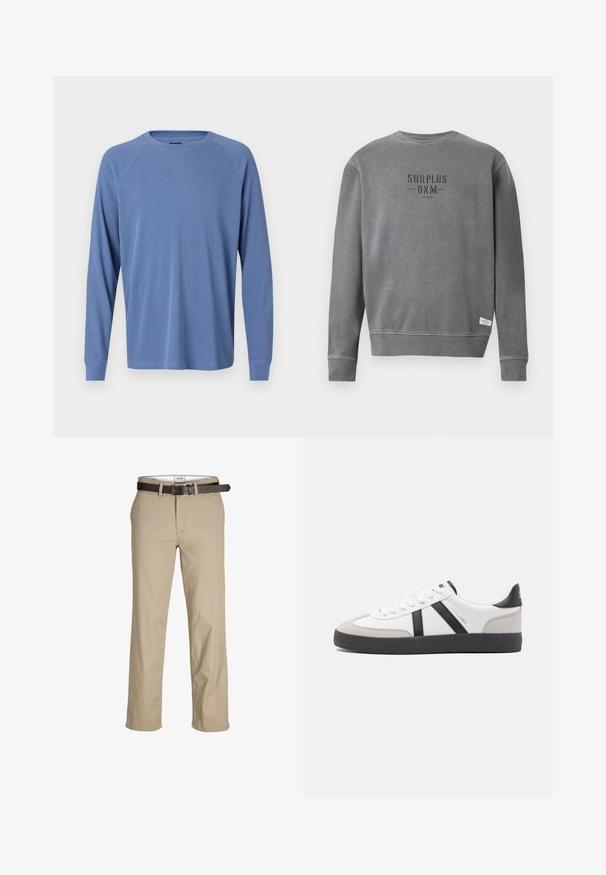 Szürke, hosszú ujjú, kerek nyakú pulóver, melyen a "SURPLUS DNM" felirat feketével van nyomtatva a mellrészen, és egy kis fehér címke található a szegés közelében.; Hosszú ujjú, kerek nyakú ing világoskék színben, texturált bordázott kialakítással és rávarrt ujjakkal, szűkítő mandzsettával.; Beige pamut nadrág egyenes szabással, övhurkokkal, barna bőr övvel és klasszikus dizájnnal. Simább, strapabíró textúra.; Fehér sneaker fekete és szürke részletekkel, textúrált szürke orr résszel, fekete gumitalppal és lapos fehér fűzőkkel. Tiszta dizájn, minimalista stílus.