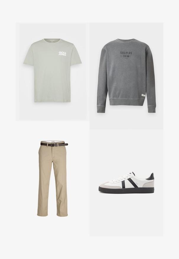 Siva dolga majica s kratkimi rokavi crewneck z natisnjenim besedilom "SURPLUS DNM" v črni barvi na prsih in majhno belo oznako blizu roba.; Majica s kratkimi rokavi iz svetlo zelenega bombaža s krožnim izrezom in belim logotipom "JACK & JONES" tiskanim na levem prsnem delu.; Bežna bombažna hlače s ravnim krojem, z zankami za pas, rjavim usnjenim pasom in klasičnim dizajnom. Gladka, trdna tekstura.; Bela športna obutev z črnimi in sivo akcenti, z teksturirano sivo kapico za prste, črnim gumijastim podplatom in ravnimi belimi vezalkami. Čista zasnova, minimalistični slog.