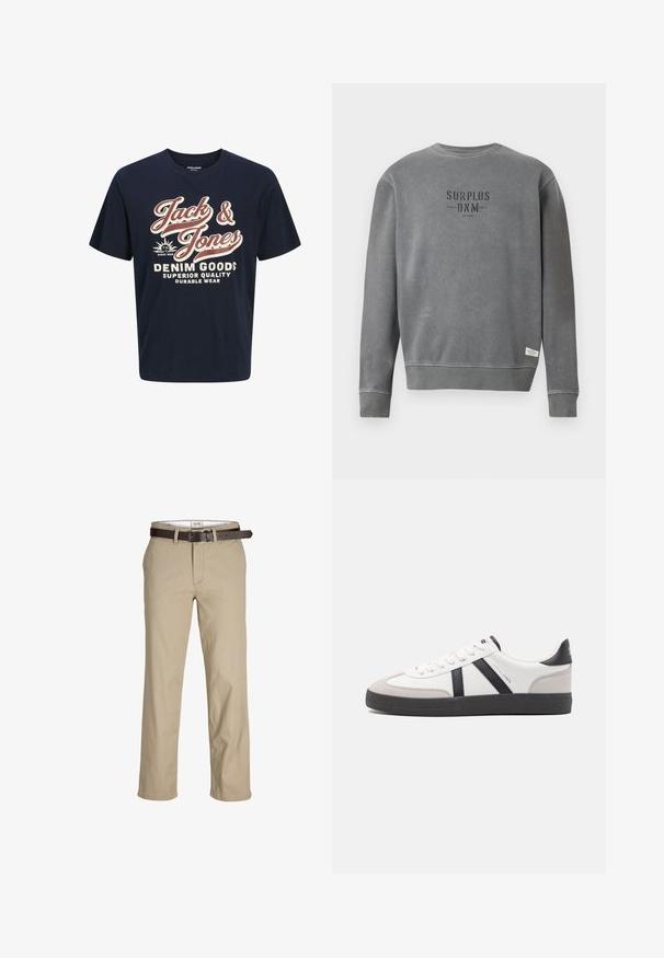 Sivi dukserica dugih rukava s okruglim izrezom s natpisom "SURPLUS DNM" ispisanim crnom bojom na prsima i malom bijelom etiketom blizu rubnog dijela.; Tamno plava pamučna majica s okruglim izrezom. Sadrži podebljani bijeli i crveni tekst: "Jack & Jones", "DENIM GOODS", i dodatne fraze.; Bež pamučne hlače ravnog kroja, s petljama za remen, smeškim kožnim remenom i klasičnim dizajnom. Glatka, čvrsta tekstura.; Bijele tenisice s crnim i sivim detaljima, s teksturiranim sivim zaštitnikom prstiju, crnim gumene potplate i ravnim bijelim vezicama. Čist dizajn, minimalistički stil.