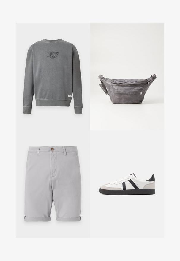 Sweatshirt gris à manches longues avec un col rond, portant le texte "SURPLUS DNM" imprimé en noir sur la poitrine et une petite étiquette blanche près de l'ourlet.; Shorts en coton gris clair avec ourlets roulés, fermeture à bouton unique sur le devant et poches latérales, présentant une texture lisse et un design ajusté.; Baskets blanches avec des accents noirs et gris, présentant un embout texturé gris, une semelle en caoutchouc noir et des lacets plats blancs. Design épuré, style minimaliste.; Sac banane en suède gris avec une forme arrondie, deux compartiments zippés et une sangle réglable. Comprend des accents en métal.