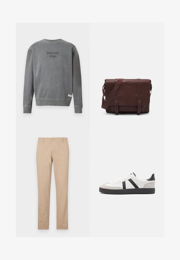 Siva dolga majica s kratkimi rokavi crewneck z natisnjenim besedilom "SURPLUS DNM" v črni barvi na prsih in majhno belo oznako blizu roba.; Bež hlače iz bombaža z ravnim krojem, ki vključujejo sprednje zapiranje na gumb, stranske žepke in subtilne teksturne detajle.; Bela športna obutev z črnimi in sivo akcenti, z teksturirano sivo kapico za prste, črnim gumijastim podplatom in ravnimi belimi vezalkami. Čista zasnova, minimalistični slog.; Rjava usnjena torba za sporočila z ravnim sprednjim poklopcem, dvema trakovoma, zlatimi kovinskimi detajli in nastavljivim naramnim pasom.