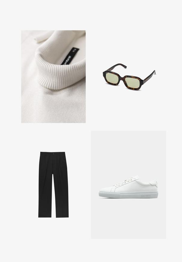 Valkoinen, uritettu korkeakauluksinen neule lähellä olevan näkymän kautta, korostaen sen rakennetta ja kauluksen taittuvaa yksityiskohtaa.; Mustat housut suoranlahkeisella muotoilulla, valmistettu sileästä kankaasta. Ominaisuuksiin kuuluu etupleateet ja yksi nappikiinnitys vyötäröllä.; Valkoinen nahkainen lenkkari, jossa on sileä pinta, pyöreä kärki, litteät nauhat ja minimalistinen muotoilu. Vaaleanharmaa kumipohja, jossa on brändäys sivussa.; Silmälasit, joissa on tortoise-kuvio ja vihreät objektiivit, suorakulmainen muoto, leveät kehykset ja sileä pinta. Korostukset ohimoilla.