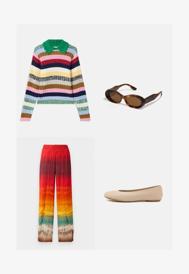 Multifarvet ribbet sweater med en grøn strikket krave. Har vandrette striber i pink, marineblå, beige, gul og grøn.; Bredde bukser med et gradientdesign i rød, orange, gul og grøn. Fremstillet af et glat, let stof med en elastisk talje.; Beige læder balletflade med afrundet tå, minimal sømdetaljering, lav hæl og subtilt logo på bagsiden. Glat, mat tekstur.; Skildpaddeskals-solbriller med ovale linser, brun nuance, og gyldne detaljer på stængerne. Kraftige rammer med en blank overflade og glat tekstur.; Brun krokodilleder taske med cylindrisk form, hardware i guld-tone, og en aftagelig rem med nitter.
