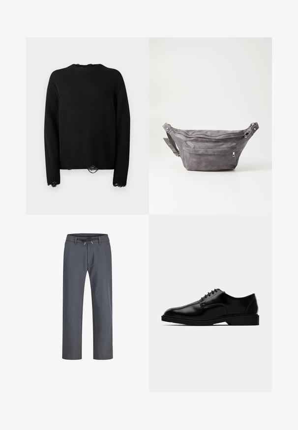 Suéter negro de punto con cuello redondo, mangas largas y detalles de encaje en el dobladillo y los puños. Presenta una textura acanalada en toda su superficie.; Pantalones grises con cintura elástica y cordón ajustable. Diseño de pierna recta, fabricados en un tejido suave, con costuras mínimas y sin hardware visible.; Zapato de vestir de cuero negro con un acabado liso, puntera redondeada, diseño de cordones y suela de goma discreta para mayor tracción.; Riñonera de ante gris con forma redondeada, dos compartimentos con cremallera y correa ajustable. Presenta acentos de metal.