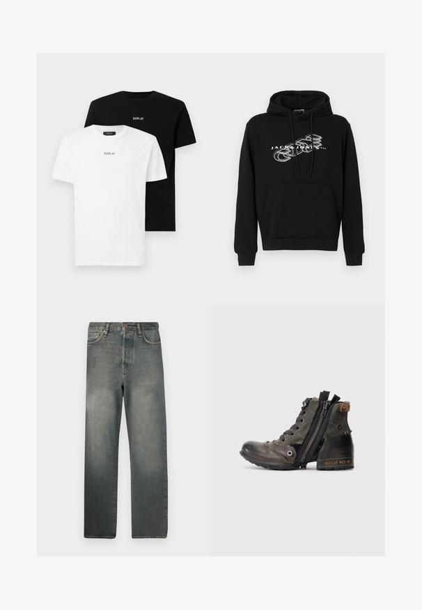 Black hooded sweatshirt made of fabric with a front pocket. Features white "JACK & JONES" text and graphic design on the chest.; Two cotton t-shirts, one white and one black, each with short sleeves and a round neckline. Both feature "REPLAY" logo in the center.; Jack & Jones JJIALEX JJCOOPER - Baggy Jeans - black denim; Brown and black leather ankle boot with side zipper partially open, black laces, and "REPLAY MFG.CO" embossed on heel.