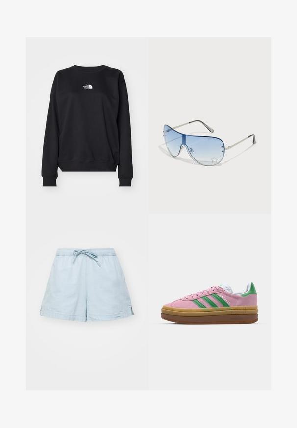 Čierna mikina vyrobená z bavlnenej zmesi, s okrúhlym výstrihom, dlhými rukávmi, rebrovanými manžetami a malým bielym logom na hrudi.; Svetlomodré, ľahké šortky s elastickým pásom a šnúrkou. Obsahujú bočné vrecká a majú uvoľnený strih, vyrobené z mäkkého materiálu.; Ružové semišové tenisky so zelenými pruhmi, bielymi akcentmi a hnedou gumovou podrážkou. Obsahujú textúrovanú tkaninu a logo na boku.; Pilotné slnečné okuliare s prechodovým modrým sklom, strieborným kovovým rámom a ozdobnými hviezdičkovými akcentmi na sklách. Hladký a elegantný dizajn.