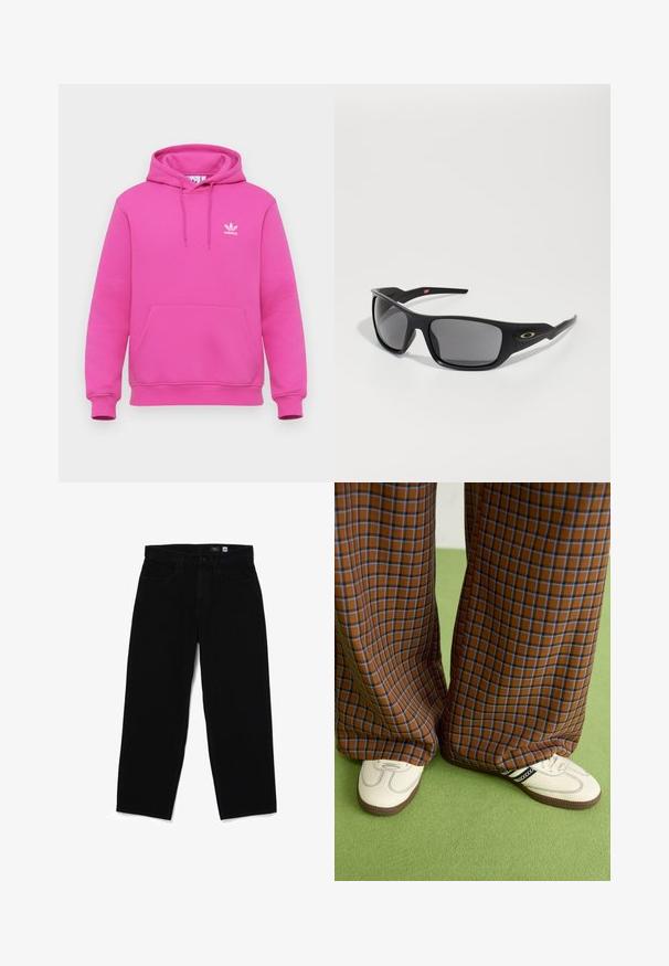 Pink hoodie made of soft fabric, featuring a kangaroo pocket, drawstring hood, and white adidas logo on the left chest.; Black denim straight-leg jeans with a button closure, five pockets, and a smooth texture. Tag visible inside waistband showing size 32.; Brown and blue plaid wide-leg trousers paired with white shoes featuring black accents and textured soles, set against a green background.; Black sunglasses with a rectangular shape, made of durable plastic, featuring gray tinted lenses and a gold accent on the side.