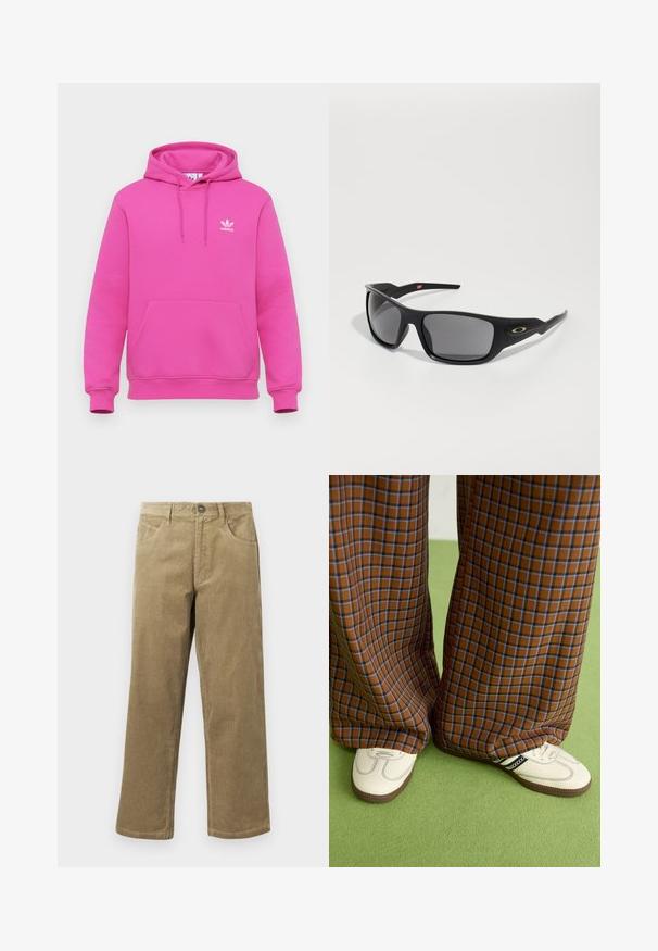 Pink hoodie made of soft fabric, featuring a kangaroo pocket, drawstring hood, and white adidas logo on the left chest.; Corduroy pants in light brown, featuring a straight leg design, five pockets, and a button closure. Textured fabric with subtle ribbing.; Brown and blue plaid wide-leg trousers paired with white shoes featuring black accents and textured soles, set against a green background.; Black sunglasses with a rectangular shape, made of durable plastic, featuring gray tinted lenses and a gold accent on the side.