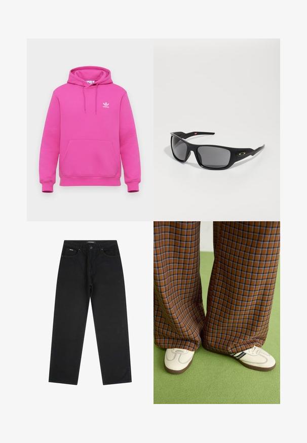 Pink hoodie made of soft fabric, featuring a kangaroo pocket, drawstring hood, and white adidas logo on the left chest.; Black straight-leg jeans with front button and zipper, belt loops, and five-pocket design, laid flat on a white background.; Brown and blue plaid wide-leg trousers paired with white shoes featuring black accents and textured soles, set against a green background.; Black sunglasses with a rectangular shape, made of durable plastic, featuring gray tinted lenses and a gold accent on the side.