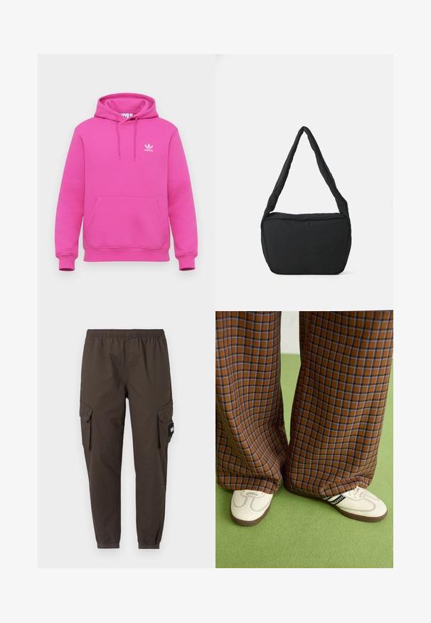 Rosa hættetrøje lavet af blødt stof, med en kengurulomme, snøre i hætten og hvidt adidas-logo på venstre bryst.; Cargo bukser i mørkebrunt stof, med elastisk talje, tapered ben og to sidelommer med klapper.; Brune og blå ternede brede benbukser parret med hvide sko med sorte accenter og strukturerede såler, sat mod en grøn baggrund.; Sort skuldertaske med en polstret tekstur, en rund form og et bredt rem, præget med et logo på forsiden.