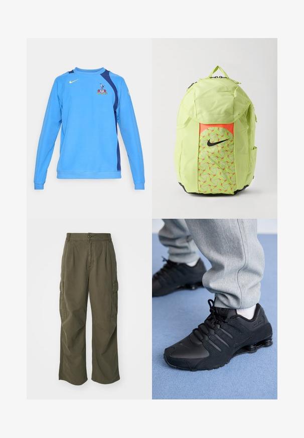 Sweatshirt azul claro com mangas longas, detalhes em azul marinho nos ombros, logotipo da Nike em amarelo e emblema da equipe na parte da frente. Tecido suave.; Dois tops brancos de alças, com textura canelada, apresentando logótipos bordados em azul e verde. Um tem um desenho de sol, o outro uma palmeira.; Calças cargo em verde oliva, feitas de algodão, com um design de perna larga, pregas e bolsos laterais para utilidade.; Pessoa vestindo tênis Nike Shox pretos e calças de moletom cinzas, de pé em um tapete azul claro.; Mochila Nike verde-claro com o logótipo swoosh preto, bolso frontal com padrão geométrico, bolsos laterais e pega superior em fundo branco.