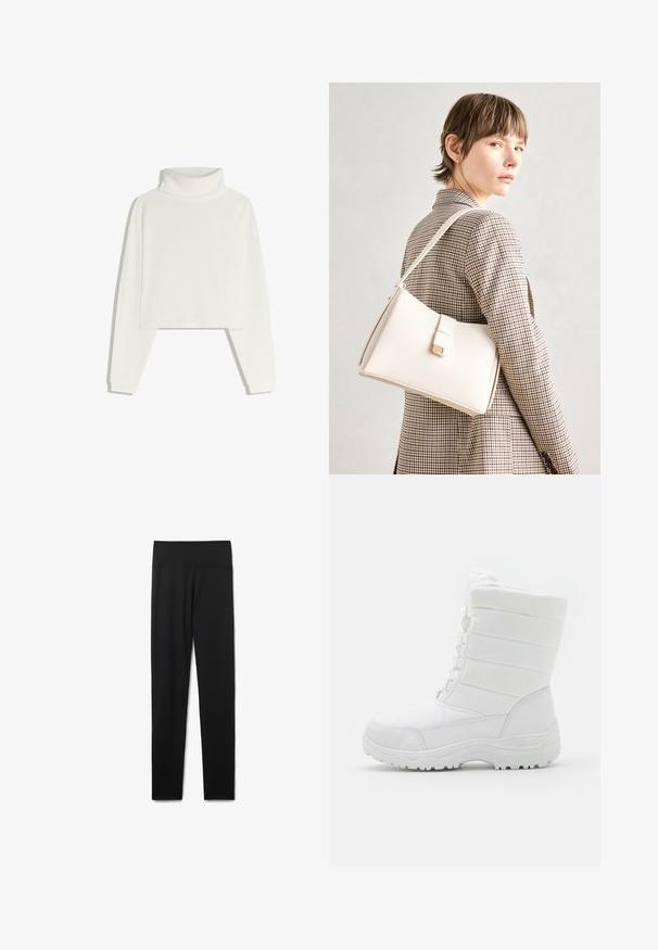 Bílý žebrovaný rolák s dlouhými rukávy, zkráceným střihem a měkkou texturou. Obsahuje vysoký, strukturovaný límec a přiléhavé manžety.; Černé legíny vyrobené z hladké, elastické tkaniny. Mají široký pas a úzký střih, který sahá až ke kotníkům, bez viditelných švů.; Bílé voděodolné zimní boty s polstrovaným svrškem, texturovaným designem, nastavitelnými tkaničkami a robustní gumovou podrážkou pro lepší trakci.; Bílá kožená kabelka se strukturálním designem, s magnetickým uzávěrem a ramenním popruhem, prezentovaná na neutrálním pozadí.