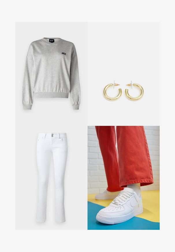 Szürke pulóver kerek nyakkal, bordázott mandzsettákkal és aljjal. Bal mellrészen kis fekete "GAP" logóval rendelkezik. Puha tapintású, laza szabású.; Fehér farmernadrág, slim fit szabással, két elülső zsebbel, gombos és cipzáras záródással, valamint enyhe harang aljúval.; Fehér bőr edzőcipő perforált orral, texturált talppal és fehér fűzővel, széles vörös nadrággal párosítva, kék és sárga háttérrel.; Arany fülbevalók sima, fényes felülettel. Kör alakú dizájn, amely kis kapoccsal és átlátszó tartozékkal rendelkezik a biztonságos viselés érdekében.