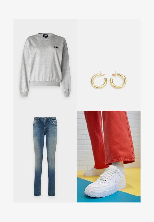 Sudadera gris con cuello redondo, puños y dobladillo acanalados. Presenta un pequeño logo negro de "GAP" en el lado izquierdo del pecho. Textura suave, corte relajado.; Jeans de mezclilla azules ajustados con un lavado desgastado, que cuentan con un diseño estándar de cinco bolsillos, cierre de botón y trabillas para el cinturón.; Zapatilla de cuero blanco con caja de dedos perforada, suela texturizada y cordones blancos, combinada con pantalones rojos amplios y un fondo azul y amarillo.; Aretes de aro de oro con un acabado suave y brillante. Diseño circular que presenta un pequeño post y un respaldo transparente para un uso seguro.