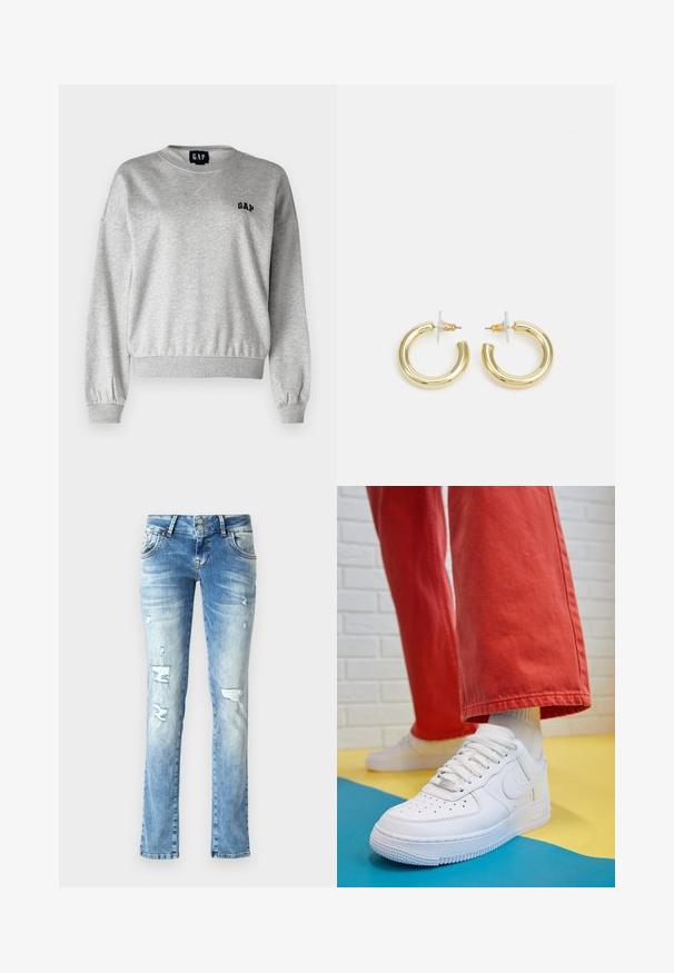Šedá mikina s kulatým výstřihem, žebrovanými manžetami a spodním lemem. Obsahuje malé černé logo "GAP" na levé hrudi. Měkká textura, uvolněný střih.; Světle modré džíny s volným střihem, které mají oprané detaily, zapínání na knoflíky se dvěma knoflíky a rovné nohavice.; Bílé kožené tenisky s perforovanou špičkou, texturovanou podešví a bílými tkaničkami, v kombinaci s širokými červenými kalhotami a modro-žlutým pozadím.; Zlaté kruhové náušnice s hladkým, lesklým povrchem. Kruhový design s malým kolíčkem a průhledným záznamem pro bezpečné nošení.