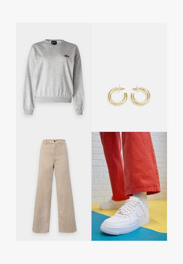 Gray sweatshirt with a round neck, ribbed cuffs, and hem. Features a small black "GAP" logo on the left chest. Soft texture, relaxed fit.; Beige wide-leg jeans made of denim, featuring a high waist, frayed hem, and classic five-pocket design. Suitable for casual wear.; White leather sneaker with perforated toe box, textured sole, and white laces, paired with wide red pants and a blue and yellow background.; Gold hoop earrings with a smooth, shiny finish. Circular design featuring a small post and clear backing for secure wear.