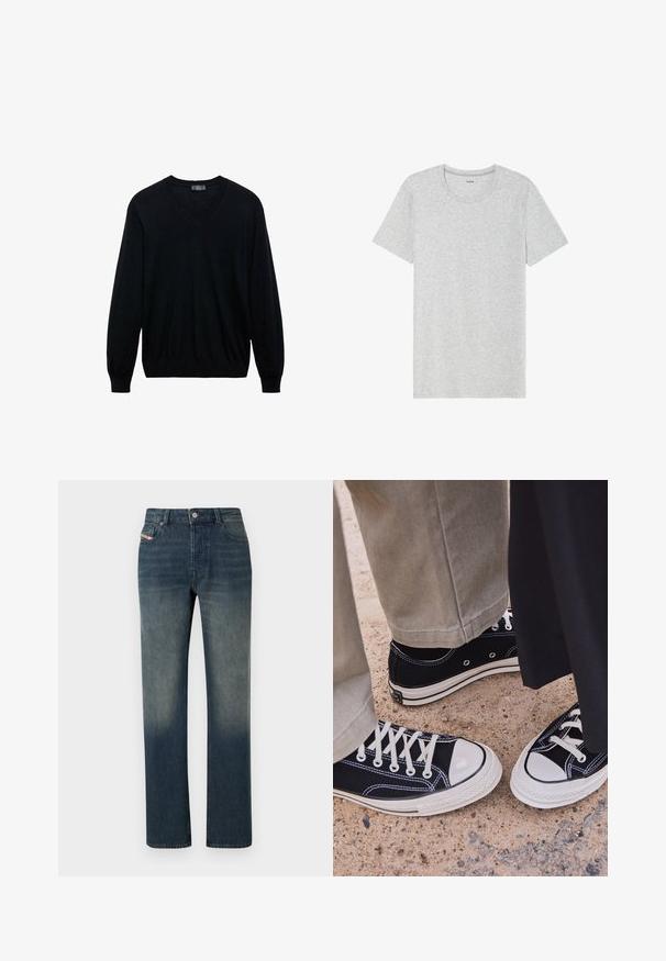 Czarny sweter z długim rękawem w serek, z prążkowanymi mankietami i dolnym obszyciem, na białym tle.; Szara koszulka z krótkim rękawem, wykonana z miękkiego, lekkiego materiału. Prosty krój dolnej krawędzi, klasyczny dekolt typu crew neck oraz subtelna tekstura melanżowa.; Niebieskie dżinsy o prostych nogawkach z efektownym wyblakłym wykończeniem, zapięciem na guzik i suwak oraz krojem z pięcioma kieszeniami.; Czarne płócienne trampki z białymi gumowymi czubkami i sznurówkami. Kontrastowe przeszycia i metalowe oczka dodają szczegółów. Noszone z beżowymi spodniami i czarnym materiałem.