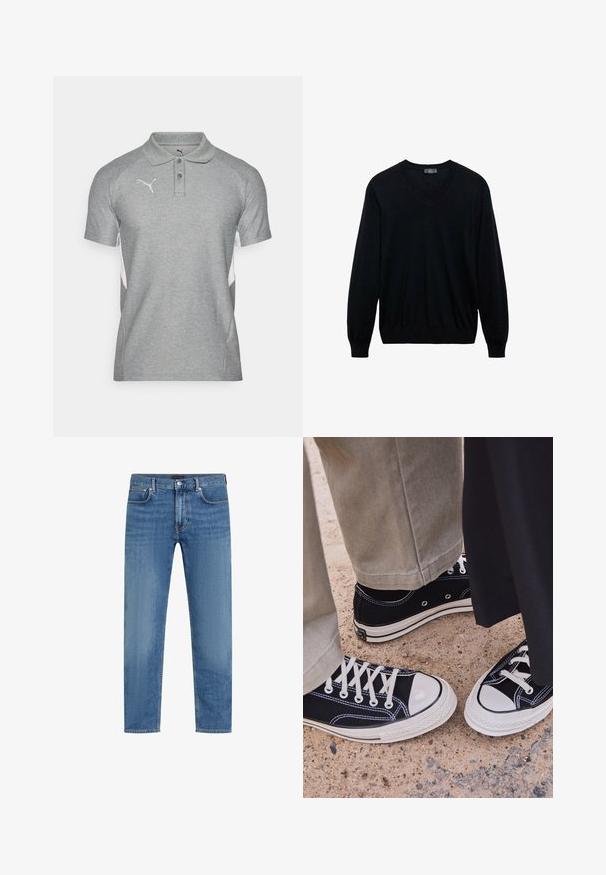 Czarny sweter z długim rękawem w serek, z prążkowanymi mankietami i dolnym obszyciem, na białym tle.; Szary polo z teksturowanym wykończeniem, z kołnierzykiem, dwoma guzikami i białymi akcentami po bokach. Logo na piersi.; Niebieskie dżinsy prostego kroju z pięcioma kieszeniami, zapięciem na guzik i zamek oraz delikatnym przecieraniem na udach.; Czarne płócienne trampki z białymi gumowymi czubkami i sznurówkami. Kontrastowe przeszycia i metalowe oczka dodają szczegółów. Noszone z beżowymi spodniami i czarnym materiałem.