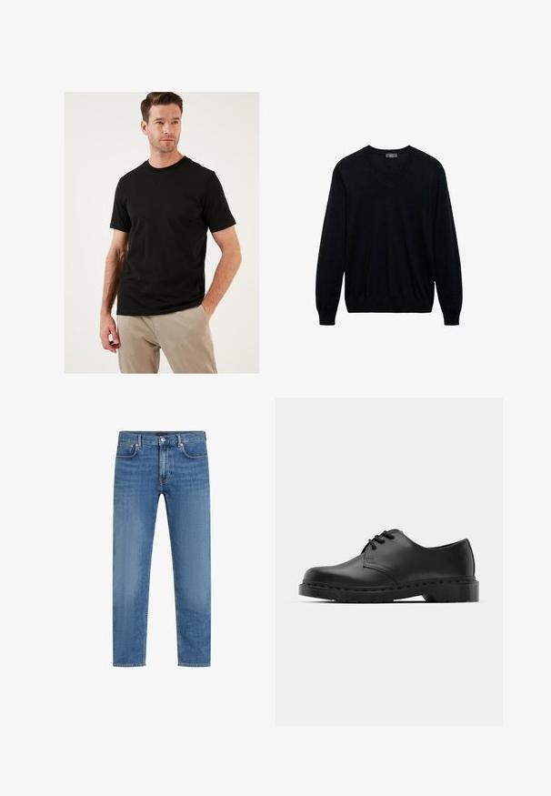 Černý dlouhý rukáv svetr s výstřihem do V a žebrovanými manžetami a spodním lemem, vystavený na bílém pozadí.; Černé krátké rukávy tričko z bavlněné tkaniny s klasickým kulatým výstřihem. Hladká textura a přiléhavý střih, nošeno s světlými kalhotami.; Modré denimové džíny s rovnými nohavicemi, pěti kapsami, zapínáním na knoflík a zip, a mírným vyblednutím na stehnech.; Černé kožené oxfordy s šněrováním, zakulacenou špičkou, plochou gumovou podrážkou a jemným prošíváním podél svršku.
