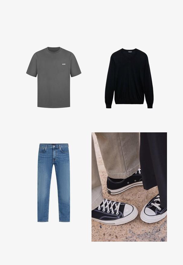 Zwarte langwerpige V-hals trui met geribde manchetten en zoom, weergegeven op een witte achtergrond.; Grijze katoenen T-shirt met korte mouwen, ronde halslijn en een klein wit label op de borst. Dankzij de soepele textuur heeft het een casual pasvorm.; Blauwe recht gesneden denim jeans met vijf zakken, knoop- en ritssluiting, en subtiele vervaging op de dijen.; Zwarte canvas sneakers met witte rubberen neuzen en veters. Contrasterende stiksels en metalen oogjes voegen detail toe. Gecombineerd met beige broek en zwarte stof.