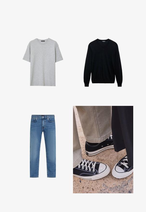 Maglione nero a maniche lunghe con scollo a V, dotato di polsini e orlo a coste, mostrato su uno sfondo bianco.; T-shirt grigio in cotone con scollatura rotonda, maniche corte e vestibilità rilassata. Texture morbida con un leggero motivo melangiato.; Jeans in denim blu a gamba dritta con cinque tasche, chiusura a bottone e zip, e pietre di usura leggere sulle cosce.; Sneakers neri in tela con punte e lacci bianchi in gomma. Le cuciture a contrasto e i fori in metallo aggiungono dettagli. Indossati con pantaloni beige e un tessuto nero.