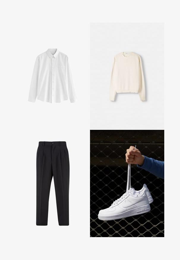 Džemper boje kreme s dugim rukavima, rebrastim manžetama i rubom, lagana pletenina s malim iznošenim detaljima na ramenima.; Bijela košulja dugih rukava od pamuka s kragnom na dugme, jednim džepom na prsima i ležernim krojem. Ima male gumbe duž prednje strane.; Crne hlače s nabranim prednjim dijelom, izrađene od glatkog materijala. Imaju zatvaranje na gumb i petlje za remen; ravne su krojen.; Bijele kožne tenisice s perforacijama, okruglim vrhom, ravnim potplatom i debelim vezicama, s vidljivim swoosh logom i natpisom "AIR" na peti.