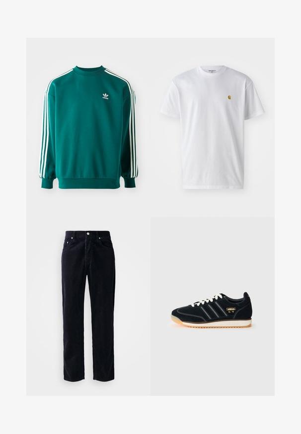 Tealfärgad sweatshirt i bomullsblandning, med långa ärmar, muddade nederkanter och tre vita ränder längs varje ärm. Adidas-logga på bröstet.; Vit bomullströja med korta ärmar, rund halsringning, med en liten guldlogotyp på vänster bröstområde. Mjuk textur och vanlig passform.; Marina kordfløyelsbyxor med rak passform, fem fickor och knappstängning. Har vertikal ribbad textur och metalldetaljer.; Svart mockaskor med vita snören, tre vita ränder på sidan, texturerade detaljer och en gummisula med en lätt orange ton.