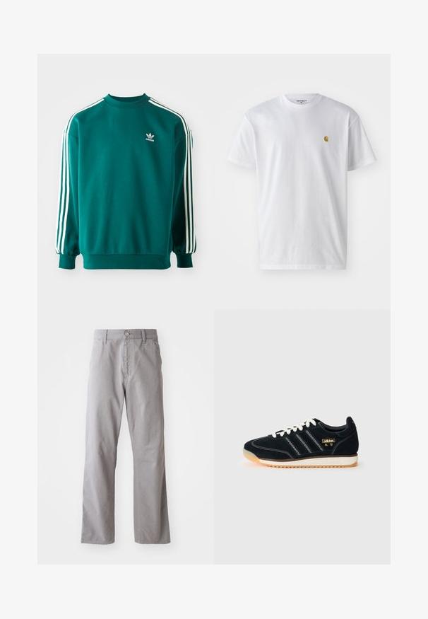Tirkīza krāsas džemperis, kas izgatavots no kokvilnas maisījuma, ar garām piedurknēm, aprocēm un trim baltām svītrām katrā piedurknē. Adidas logotips uz krūtīm.; Balta kokvilnas t-kreklu ar īsām piedurknēm, apaļu kakla izgriezumu, ar mazu zelta logotipu kreisajā krūšu pusē. Mīksta tekstūra un regulāra piegriezuma.; Pelēki kokvilnas bikses ar taisnu kāju dizainu, kurām ir priekšējā pogu aizdare un jostas cilpas. Gluda tekstūra un minimāla apdare.; Melnas zamša kedas ar baltām auklām, trīs baltas svītras sānos, teksturēti akcenti un gumijas zole ar viegli apelsīnu tonējumu.