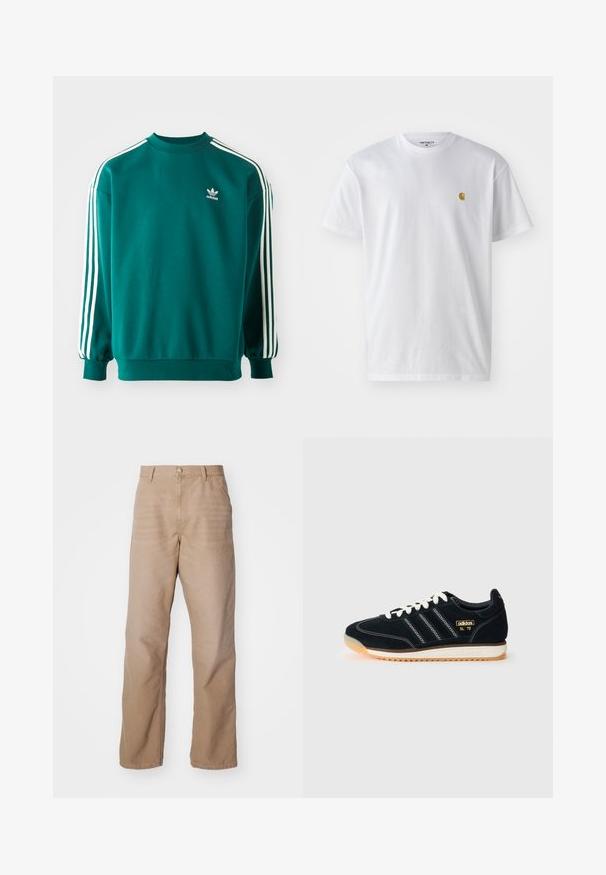 Turkizna majica s kapuco iz mešanice bombaža, z dolgimi rokavi, manšetami in tremi belimi črtami ob vsakem rokavu. Adidasov logotip na prsih.; Bela bombažna majica s kratkimi rokavi, krožnim ovratnikom, z majhnim zlatim logotipom na levem prsnem predelu. Mehka tekstura in običajen kroj.; Bež hlače iz bombaža s ravnimi nogavicami, z zadrgo na sprednji strani, petimi žepi in subtilno teksturo.; Črne semiš teniske z belimi vezalkami, tremi belimi črtami na strani, teksturiranimi dodatki in gumijastim podplatom z rahlim oranžnim odtenkom.