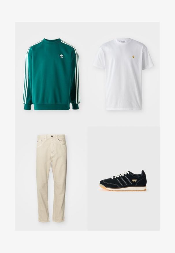 Sweatshirt em teal feito de uma mistura de algodão, com mangas longas, bainhas com punhos e três riscas brancas ao longo de cada manga. Logótipo da Adidas no peito.; T-shirt branca de algodão com mangas curtas, decote redondo, apresentando um pequeno logótipo dourado na área do peito esquerdo. Textura macia e ajuste regular.; Calças de algodão bege com um design de perna reta, cinco bolsos e detalhes em metal. Textura suave com mínimos detalhes de costura.; Sapatilha de camurça preta com atacadores brancos, três riscas brancas de lado, detalhes texturizados e sola de borracha com um ligeiro tom laranja.