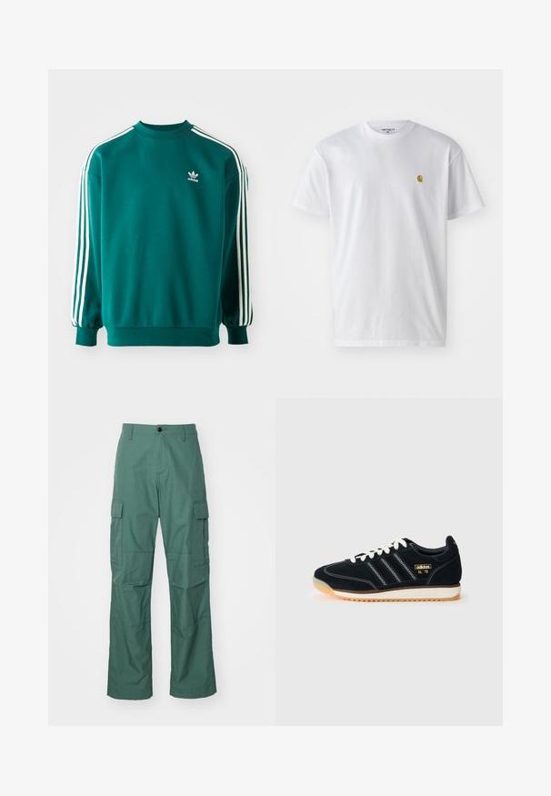 Felpa teal in cotone misto, con maniche lunghe, orli a costine e tre righe bianche su ciascuna manica. Logo Adidas sul petto.; T-shirt bianco in cotone con maniche corte, con colletto girocollo, caratterizzato da un piccolo logo dorato sulla parte sinistra del petto. Tessuto morbido e vestibilità regolare.; Pantaloni cargo di colore verde scuro, realizzati in un tessuto texture. Le caratteristiche includono tasche laterali per il cargo e una vestibilità dritta con chiusura a bottone.; Sneaker in suede nero con lacci bianchi, tre strisce bianche sul lato, dettagli testurizzati e suola in gomma con una leggera sfumatura arancione.