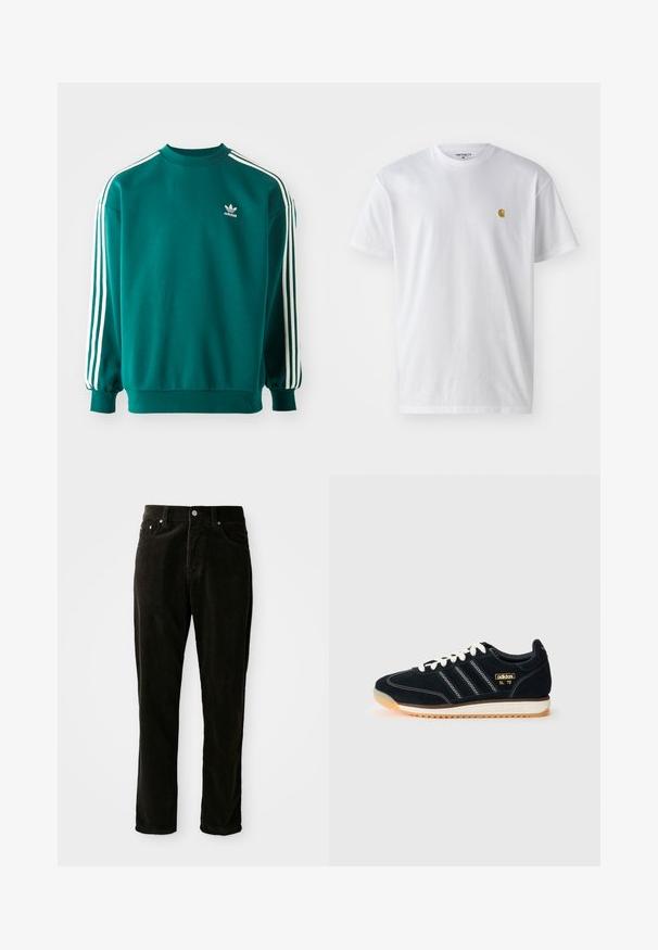 Sweatshirt teal en mélange de coton, avec des manches longues, des ourlets côtelés et trois rayures blanches sur chaque manche. Logo Adidas sur la poitrine.; T-shirt en coton blanc à manches courtes, col rond, avec un petit logo doré sur la poitrine gauche. Texture douce et coupe régulière.; Pantalon en velours côtelé noir avec une coupe droite, tissu texturé et style cinq poches avec des accents en métal.; Baskets en daim noir avec des lacets blancs, trois rayures blanches sur le côté, des accents texturés et une semelle en caoutchouc légèrement teintée d'orange.