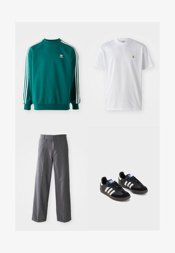 Teal sweatshirt made of cotton blend, featuring long sleeves, cuffed hems, and three white stripes down each sleeve. Adidas logo on chest.; White cotton t-shirt with short sleeves, crew neck, featuring a small gold logo on the left chest area. Soft texture and regular fit.; Gray pinstripe wide-leg trousers with belt loops, flat front, and straight hems, shown against a white background.; Black sneakers with a suede and synthetic upper, featuring three white stripes, textured rubber sole, and blue logo tag on the tongue.