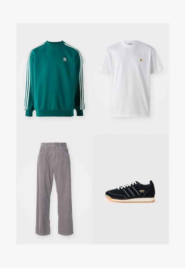 Sweatshirt teal en mélange de coton, avec des manches longues, des ourlets côtelés et trois rayures blanches sur chaque manche. Logo Adidas sur la poitrine.; T-shirt en coton blanc à manches courtes, col rond, avec un petit logo doré sur la poitrine gauche. Texture douce et coupe régulière.; Pantalons en velours côtelé gris avec une coupe large, présentant des côtes verticales, une fermeture à boutons et deux poches avant.; Baskets en daim noir avec des lacets blancs, trois rayures blanches sur le côté, des accents texturés et une semelle en caoutchouc légèrement teintée d'orange.