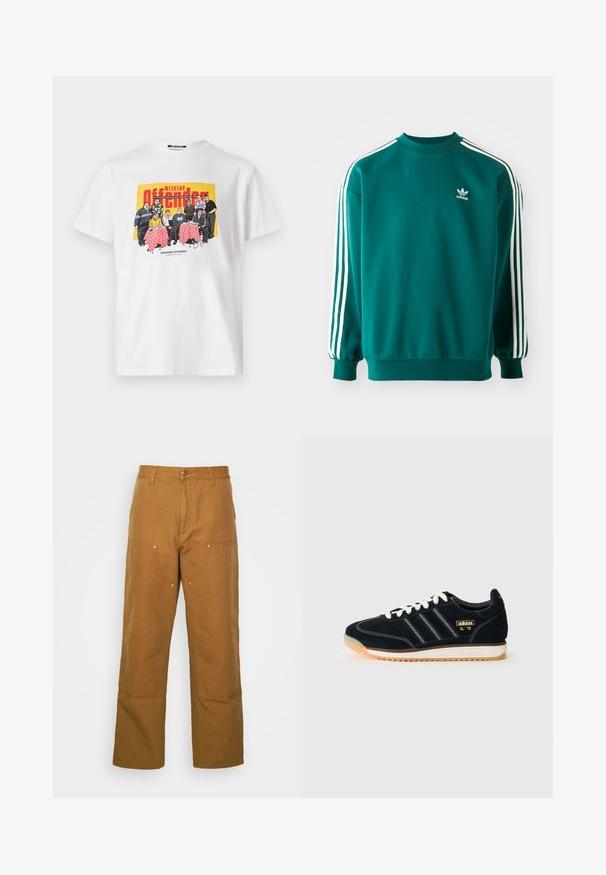 Sudadera verde azulado hecha de una mezcla de algodón, con mangas largas, dobladillos acampanados y tres rayas blancas en cada manga. Logo de Adidas en el pecho.; Camiseta de algodón blanca con un gráfico colorido de un grupo en una mesa, con manteles de cuadros rojos y texto que dice "WEEKEND OFFENDER".; Pantalones utilitarios de algodón marrón con un diseño de pierna recta, que cuentan con bolsillos frontales y acentos de metal para mayor durabilidad.; Zapatillas de ante negro con cordones blancos, tres rayas blancas en el costado, acentos texturizados y una suela de goma con un ligero tono naranja.