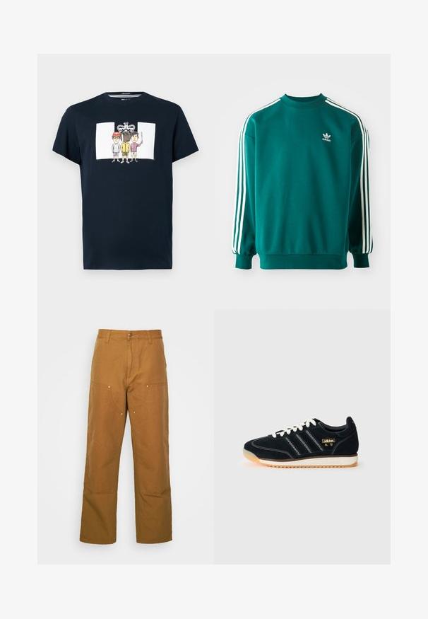 Tirkīza krāsas džemperis, kas izgatavots no kokvilnas maisījuma, ar garām piedurknēm, aprocēm un trim baltām svītrām katrā piedurknē. Adidas logotips uz krūtīm.; Tums zilas kokvilnas T-krekls ar grafiku priekšā, kurā attēloti trīs multiplikācijas varoņi un kroņa zīmējums ar vārdu "MIERS". Īsas piedurknes, apaļa kakla izgriezums.; Brūnas kokvilnas universālās bikses ar taisnu kāju dizainu, ar priekšējiem kabatām un metāla aksesuāriem, lai nodrošinātu papildu izturību.; Melnas zamša kedas ar baltām auklām, trīs baltas svītras sānos, teksturēti akcenti un gumijas zole ar viegli apelsīnu tonējumu.