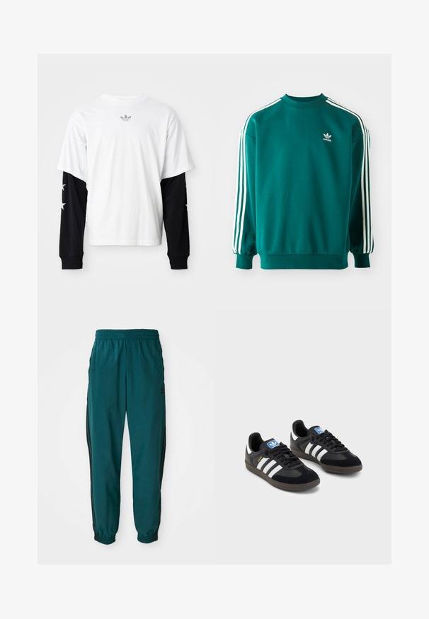 Sweatshirt em teal feito de uma mistura de algodão, com mangas longas, bainhas com punhos e três riscas brancas ao longo de cada manga. Logótipo da Adidas no peito.; T-shirt branco de manga curta com mangas longas pretas. As mangas pretas apresentam padrões de estrelas brancas. Material de algodão suave, ajuste descontraído.; Calças de treino em teal com cintura ajustável por cordão, punhos elásticos e riscas pretas laterais. Fabricadas em tecido leve, apresentam um logótipo perto do quadril.; Sneakers pretos com parte superior em camurça e sintético, apresentando três riscas brancas, sola de borracha texturizada e etiqueta azul no linguete.