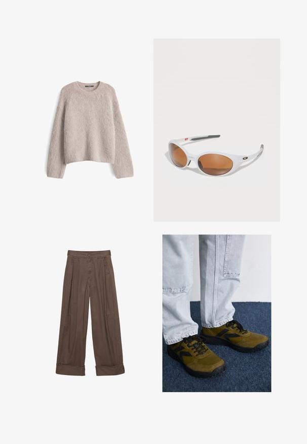Helles beige, flauschiges Strickpullover mit langen Ärmeln und Rundhalsausschnitt, flach auf einem weißen Hintergrund präsentiert.; Weißes T-Shirt mit kurzen Ärmeln, rundem Halsausschnitt, lockerer Passform und leicht abgerundetem Saum. Hergestellt aus einem glatten, weichen Stoff mit minimalen Nähten.; Braune weite Hosen aus Baumwolle mit Knopfverschluss, gefältelter Vorderseite und umgeschlagenen Säumen für einen entspannten Sitz.; Olivgrüne Sneakers mit schwarzen Akzenten, aus Wildleder und Mesh-Materialien, mit abgerundetem Zehenbereich und strukturierten Sohlen. Kombiniert mit hellgrauen Jeans.; Weiße Sonnenbrille mit braunen Gläsern, ovale Form, aus glattem Kunststoff, mit grauen Akzenten an den Bügeln und einem Logo auf dem Rahmen.