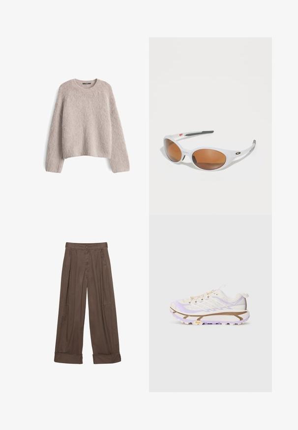 Light beige fuzzy knit sweater with long sleeves and crew neckline, displayed flat on a white background.; White short-sleeve t-shirt with a round neckline, relaxed fit, and a slightly curved hem. Made of smooth, soft fabric with minimal seams.; Brown wide-leg trousers made of cotton, featuring a button closure, pleated front, and rolled cuffs for a relaxed fit.; Lightweight running shoes with a cream and lavender mesh upper, reinforced rubber sole, and distinctive grooves for traction.; White sunglasses with brown lenses, oval shape, made of smooth plastic, featuring gray accents on the arms and a logo on the frame.