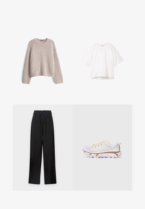 Licht beige fuzzy gebreide trui met lange mouwen en ronde hals, plat weergegeven op een witte achtergrond.; Witte t-shirt met korte mouwen, ronde halslijn, ontspannen pasvorm en een licht gebogen zoom. Gemaakt van soepele, zachte stof met minimale naden.; Zwarte broek met wijde pijpen, voorzien van een elastische tailleband en een trekkoord. Gemaakt van een gladde stof zonder zichtbare patronen of hardware.; Lichte hardloopschoenen met een crème en lavendel kleurige mesh bovenkant, versterkte rubberen zool en kenmerkende groeven voor grip.