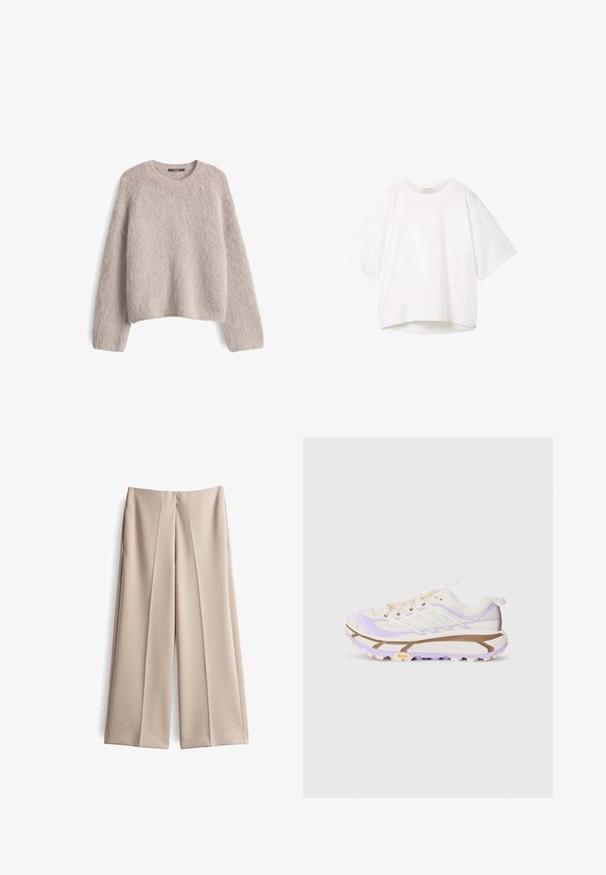 Helles beige, flauschiges Strickpullover mit langen Ärmeln und Rundhalsausschnitt, flach auf einem weißen Hintergrund präsentiert.; Weißes T-Shirt mit kurzen Ärmeln, rundem Halsausschnitt, lockerer Passform und leicht abgerundetem Saum. Hergestellt aus einem glatten, weichen Stoff mit minimalen Nähten.; Beige weit geschnittene Hose aus glattem Material, mit hoher Taille, zwei vorderen Falten und einem sauberen Saum.; Leichte Laufschuhe mit einem Obermaterial aus Creme- und Lavendel-Mesh, verstärkter Gummisohle und ausgeprägten Rillen für besseren Halt.