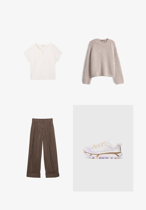 Licht beige fuzzy gebreide trui met lange mouwen en ronde hals, plat weergegeven op een witte achtergrond.; TOM TAILOR T-shirt basic - whisper white; Bruine wijde broek van katoen, met een knoopsluiting, geplooide voorkant en opgerolde manchetten voor een relaxte pasvorm.; Lichte hardloopschoenen met een crème en lavendel kleurige mesh bovenkant, versterkte rubberen zool en kenmerkende groeven voor grip.