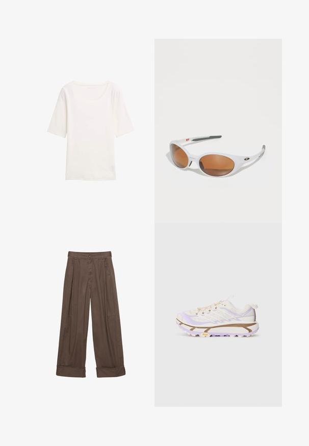Licht beige fuzzy gebreide trui met lange mouwen en ronde hals, plat weergegeven op een witte achtergrond.; Witte T-shirt met korte mouwen en ronde hals, gemaakt van zachte stof. Gladde textuur, eenvoudig ontwerp, zonder zichtbare patronen of accenten.; Bruine wijde broek van katoen, met een knoopsluiting, geplooide voorkant en opgerolde manchetten voor een relaxte pasvorm.; Lichte hardloopschoenen met een crème en lavendel kleurige mesh bovenkant, versterkte rubberen zool en kenmerkende groeven voor grip.; Witte zonnebril met bruine lenzen, ovale vorm, gemaakt van glad plastic, met grijze accenten op de armen en een logo op het montuur.; Marineblauwe bandana met witte paisley- en stippenpatronen, omrand met fijne witte details. Zacht materiaal in vierkante vorm.