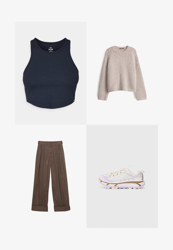 Helles beige, flauschiges Strickpullover mit langen Ärmeln und Rundhalsausschnitt, flach auf einem weißen Hintergrund präsentiert.; Marineblaues, kurz geschnittenes Tanktop aus gerippter Stoffqualität, mit Rundhalsausschnitt und breiten Schulterträgern, versehen mit einem kleinen Logotag am Saum.; Braune weite Hosen aus Baumwolle mit Knopfverschluss, gefältelter Vorderseite und umgeschlagenen Säumen für einen entspannten Sitz.; Leichte Laufschuhe mit einem Obermaterial aus Creme- und Lavendel-Mesh, verstärkter Gummisohle und ausgeprägten Rillen für besseren Halt.