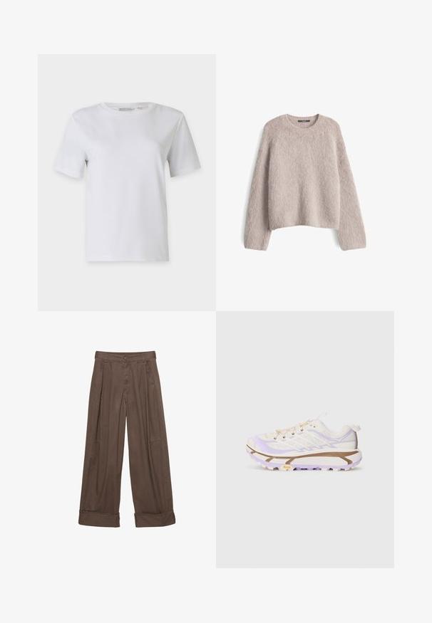 Helles beige, flauschiges Strickpullover mit langen Ärmeln und Rundhalsausschnitt, flach auf einem weißen Hintergrund präsentiert.; Weißes T-Shirt mit kurzen Ärmeln aus glattem Baumwollstoff. Verfügt über einen Rundhalsausschnitt und einen geraden Saum, ohne Muster oder Verzierungen.; Braune weite Hosen aus Baumwolle mit Knopfverschluss, gefältelter Vorderseite und umgeschlagenen Säumen für einen entspannten Sitz.; Leichte Laufschuhe mit einem Obermaterial aus Creme- und Lavendel-Mesh, verstärkter Gummisohle und ausgeprägten Rillen für besseren Halt.