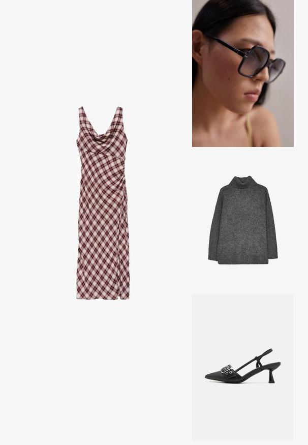 Harmaa neulepusero, jossa on korkeakauluksellinen malli, rento istuvuus, ribatulla hihansuilla ja helmalla, sekä teksturoitu kudonta. Takana on yksinkertainen, ei lisäyksityiskohtia.; Mango Maksimekko - bordeaux; Simmi London DALA - Avokkaat - black; Mustat ylisuuruiset aurinkolasit, joissa on paksu kehys, gradient-linssit ja metalliset korostukset templeissä. Lähikuva, joka korostaa kasvojen muotoja.; Musta nahkainen käsilaukku, jossa on kaareva muotoilu, kultasävyiset yksityiskohdat ja yläkahva. Sisältää tyylikkään sulkijan ja sileän pinnan.